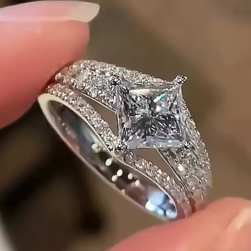 NEW 18k White Gold Diamond Princess Cut Multi Layer Ring Band Statement Ring